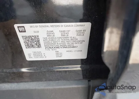 2022 Chevrolet Equinox Fwd Rs из США, поврежденный, VIN 2GNAXMEV3N6104807